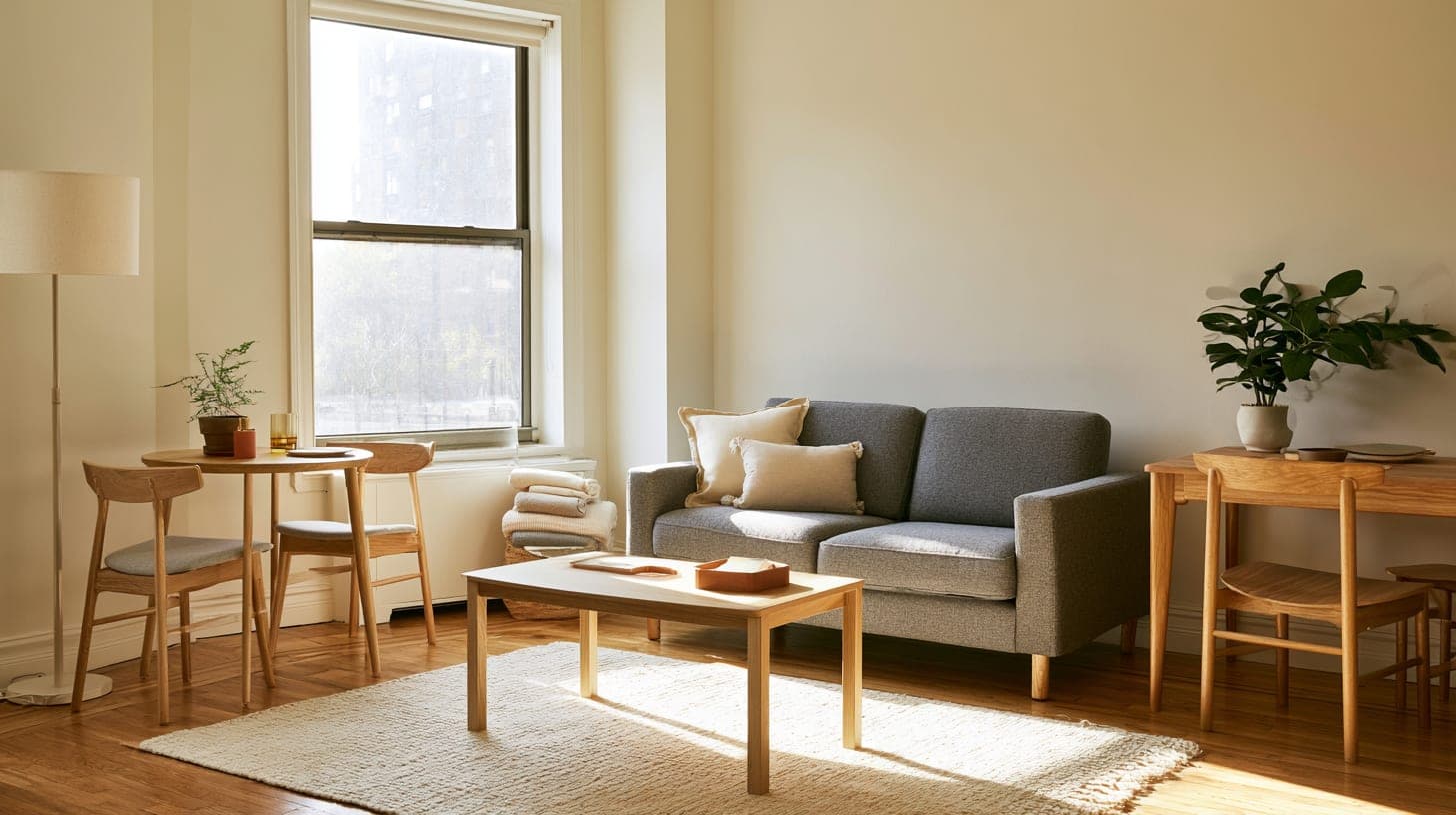 A furnished living room with sofa, dining table and folded linens