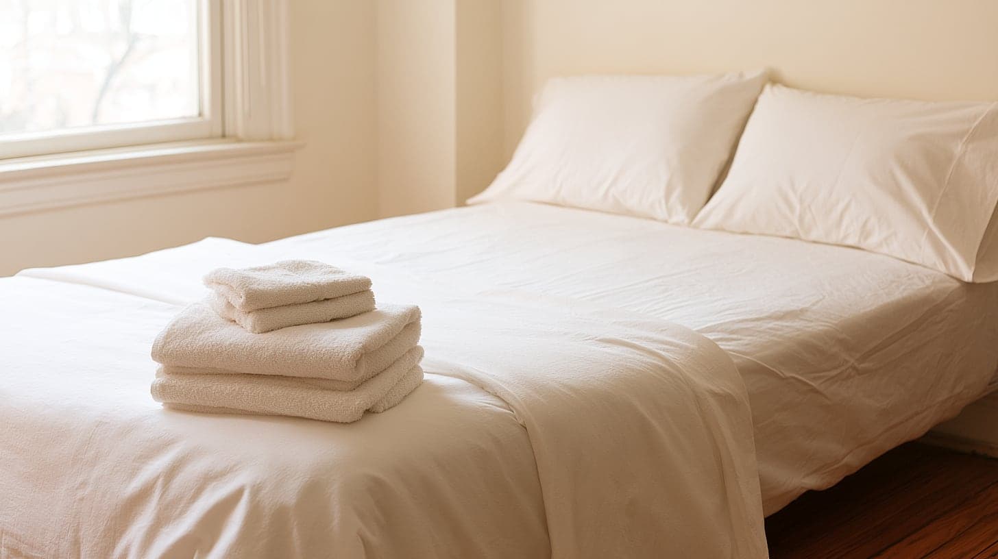 A bedroom after a service visit, with fresh linens and folded towels