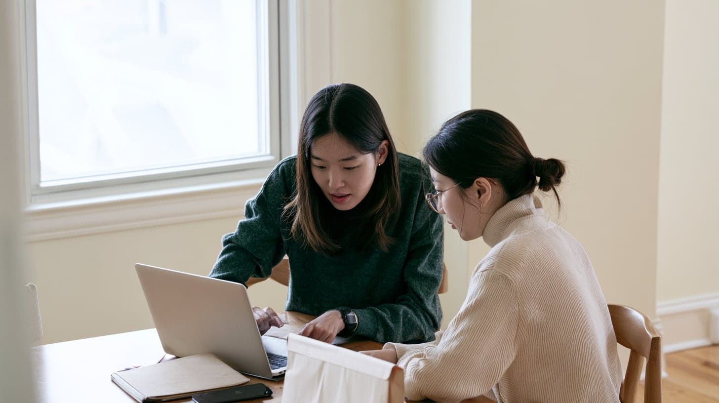 A coordinator walking a resident through move-in paperwork on a laptop